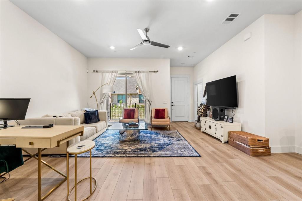 3781 Rochelle Court Prosper, TX 75078 - Photo 11 of 30 Living room featuring ceiling fan, light wood finished floors, and recessed lighting
