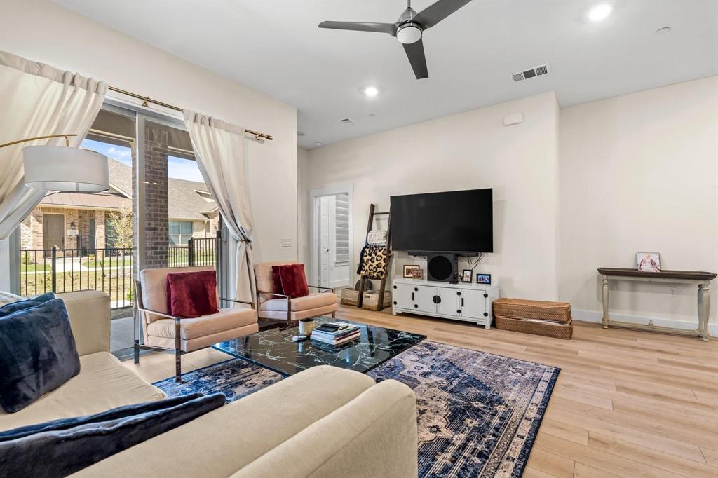 3781 Rochelle Court Prosper, TX 75078 - Photo 13 of 30 Living area with a ceiling fan, light wood finished floors, and recessed lighting