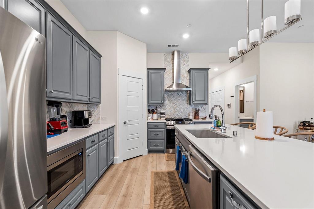 3781 Rochelle Court Prosper, TX 75078 - Photo 8 of 30 Kitchen with stainless steel appliances, light wood-style flooring, decorative light fixtures, gray cabinets, and backsplash