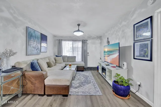 a living room with furniture a flat screen tv and a potted plant