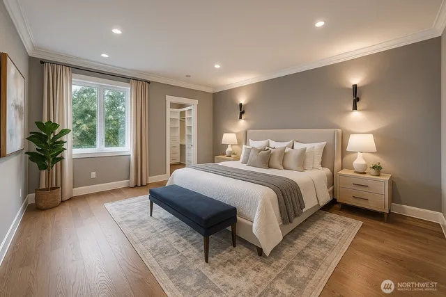 a spacious bedroom with a large bed and a potted plant