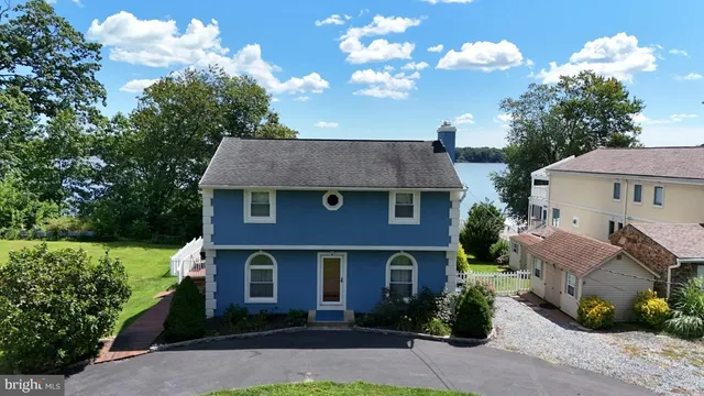 a aerial view of a house with a yard and potted plants