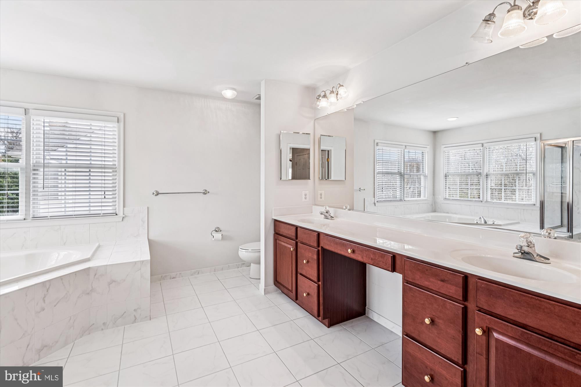 206 Heatherbloom Trail Gambrills, MD 21054 - Photo 26 of 46 a spacious bathroom with a granite countertop double vanity sink a mirror and a bathtub