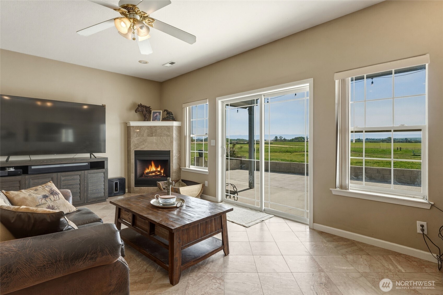 219 Reeds Road Touchet, WA 99360 - Photo 17 of 40 a living room with furniture a flat screen tv and a fireplace