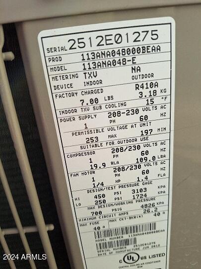 4202 East Broadway Road, Unit 198 Mesa, AZ 85206 - Photo 17 of 47 HVAC serial number tag