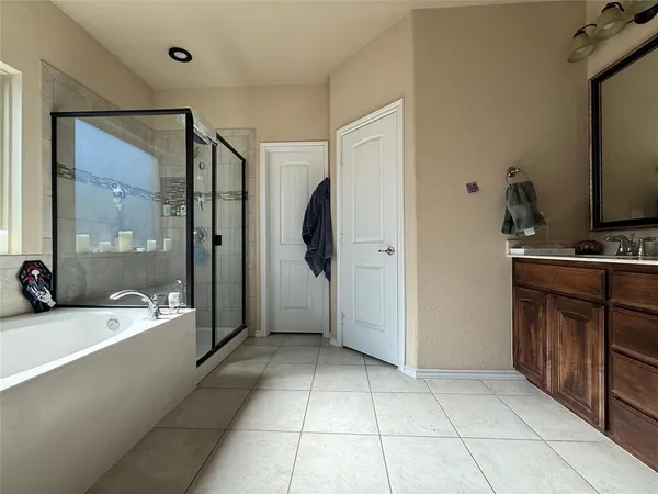 a bathroom with a tub a sink a mirror and a shower