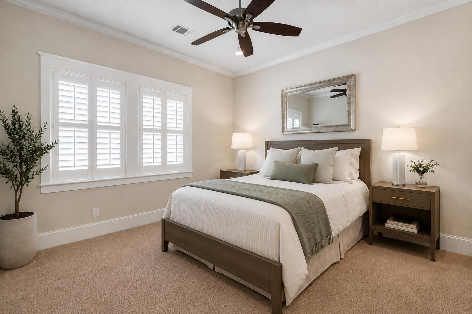 1217 Chippendale Road Houston, TX 77018 - Photo 23 of 42 Generously sized guest bedroom #1 upstairs, offers plantation-shuttered windows, ceiling fan, recessed lighting, crown molding, & abundant closet storage. Ensuite bath w/ additional hallway access.