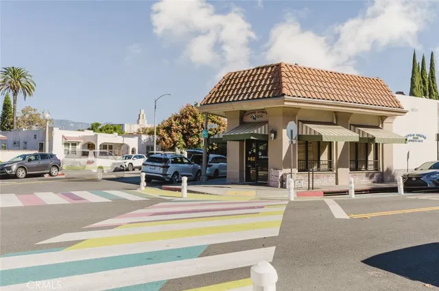 a building exterior with furniture