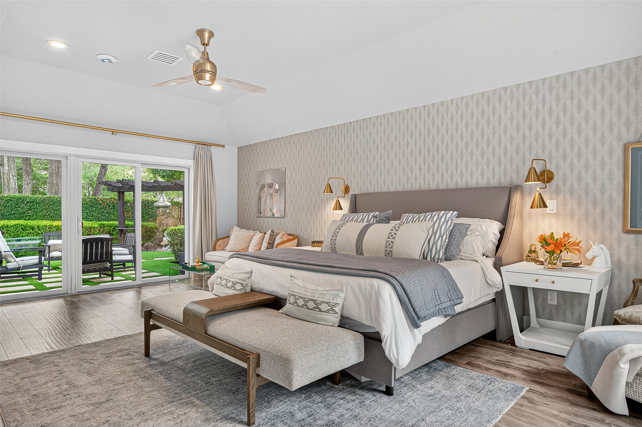 415 Ramblewood Road Houston, TX 77079 - Photo 20 of 49 Another view of the primary bedroom. Such a pretty view of the outdoor seating area!