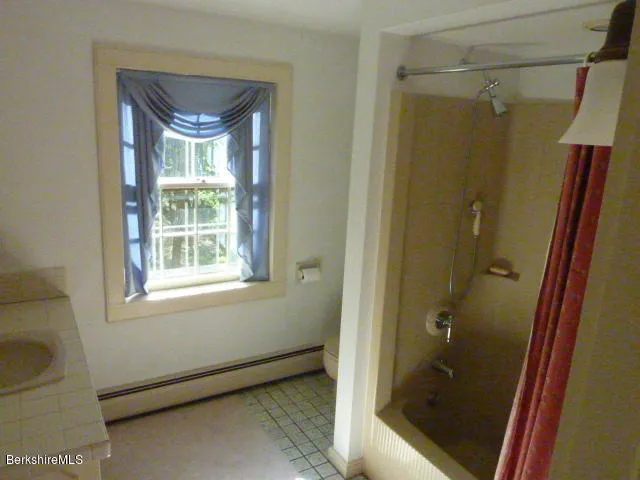a bathroom with a shower and a toilet