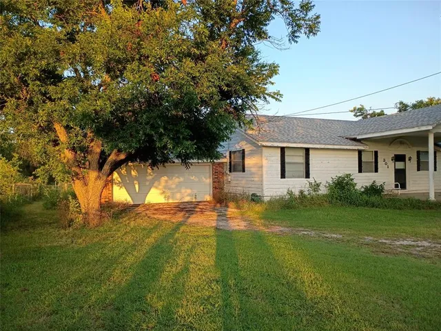 a backyard of a house with plants and large tree