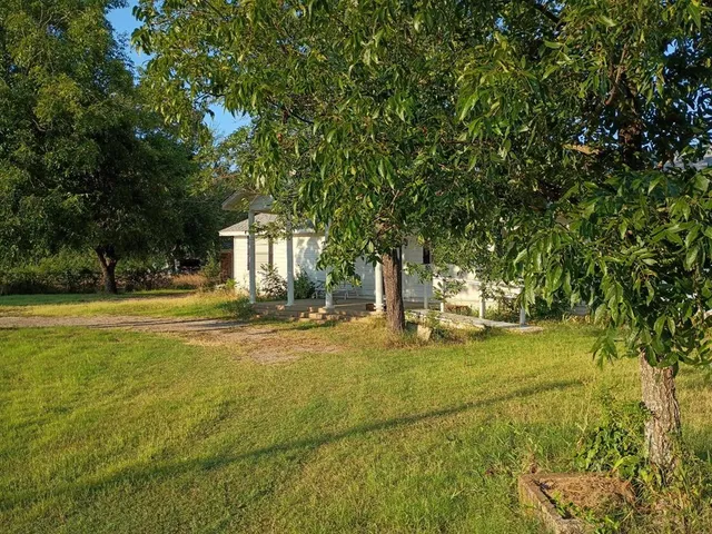 a view of yard with green space and trees all around