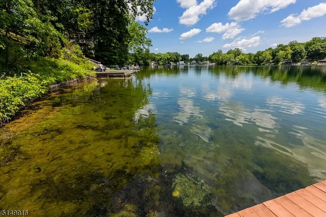 a view of a lake with houses in the back