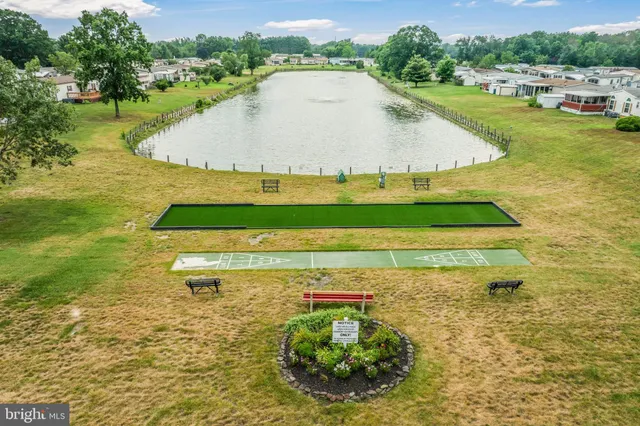a view of a swimming pool with a yard and plants in the back