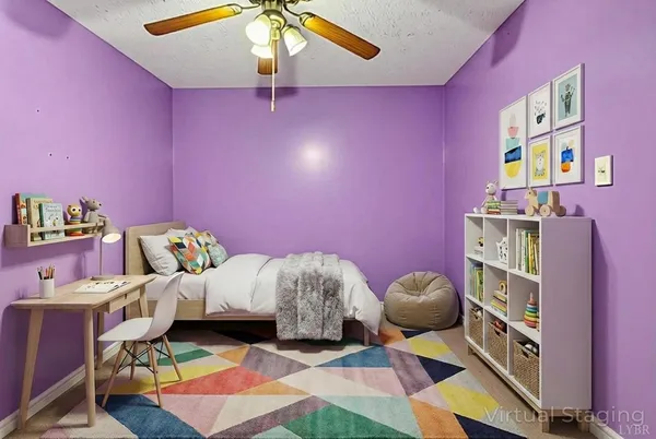 a bedroom with furniture and a chandelier