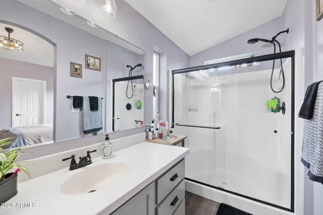 a bathroom with a shower sink and mirror