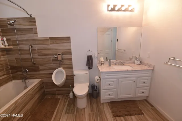 a bathroom with a sink mirror vanity and toilet