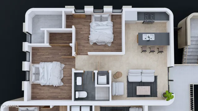 a garden view with a seating space