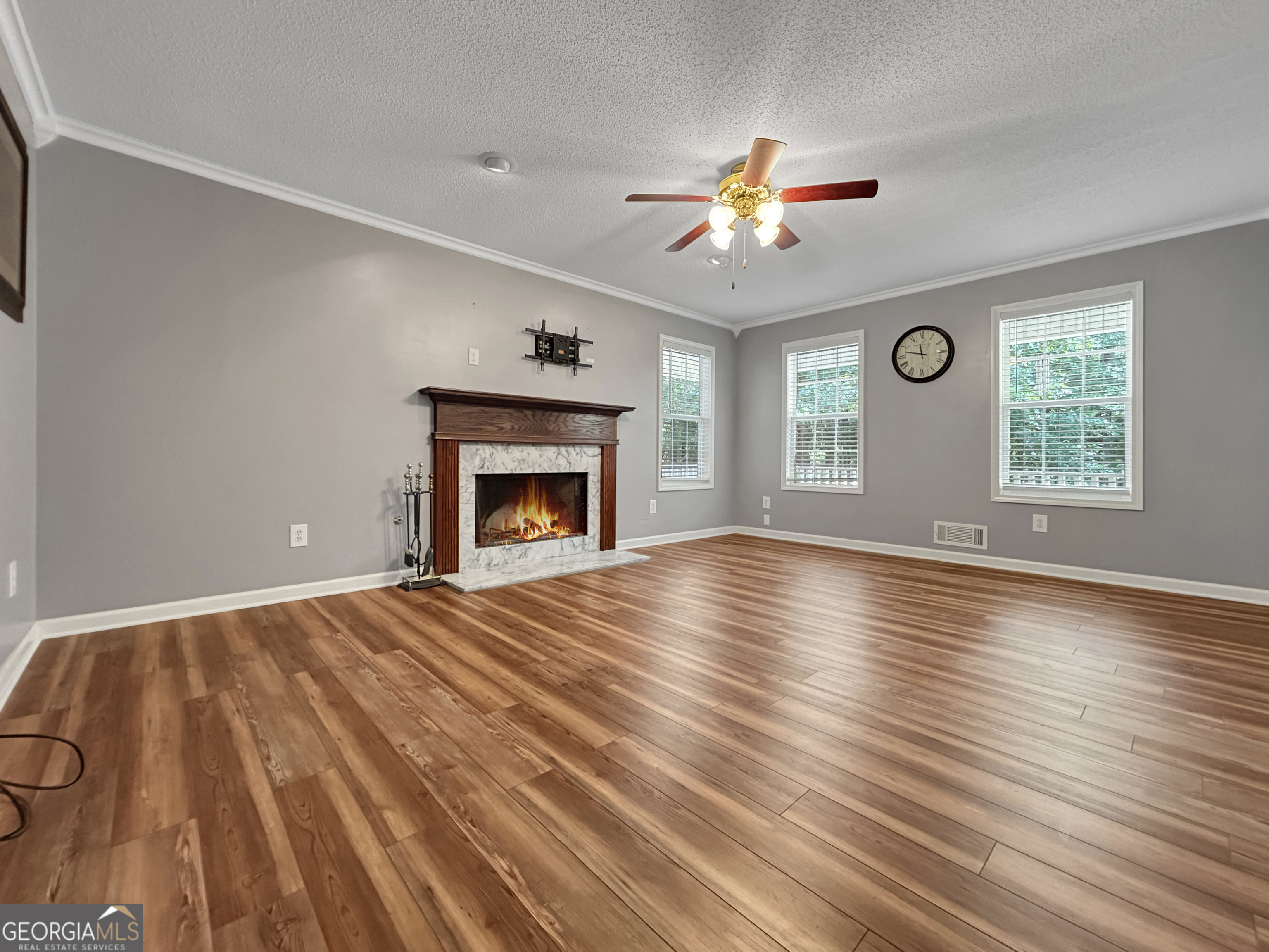 715 Frog Road Locust Grove, GA 30248 - Photo 5 of 56 an empty room with wooden floor fireplace and windows