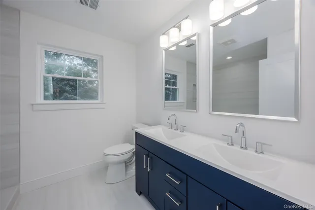 a bathroom with a double vanity sink toilet and a mirror