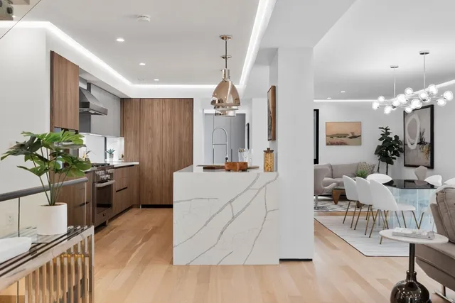 a living room with furniture a potted plant and kitchen view