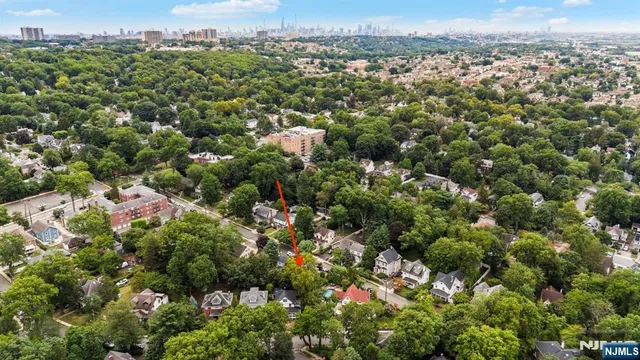 an aerial view of residential houses with outdoor space and trees