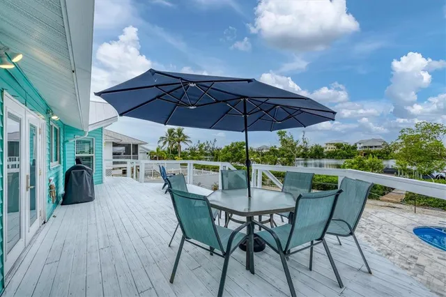 a view of a roof deck with table and chairs under an umbrella