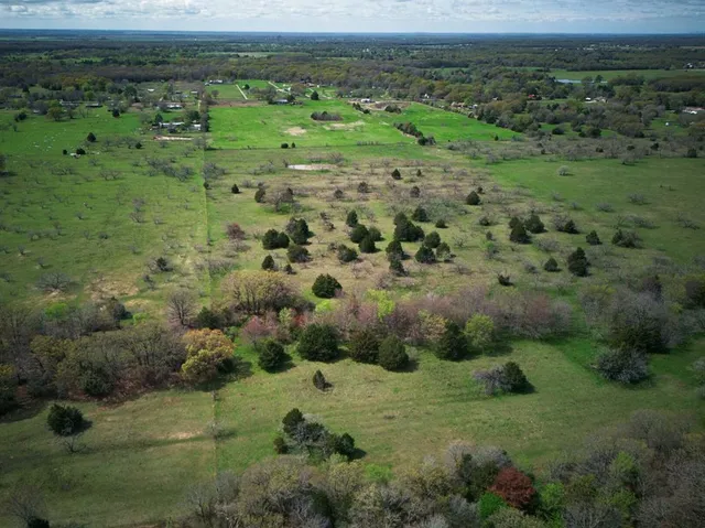 a view of a green field with lots of trees