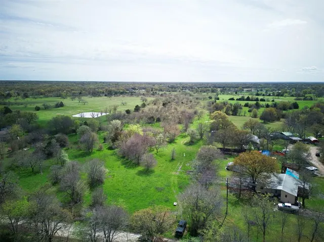 a view of a city with lush green forest