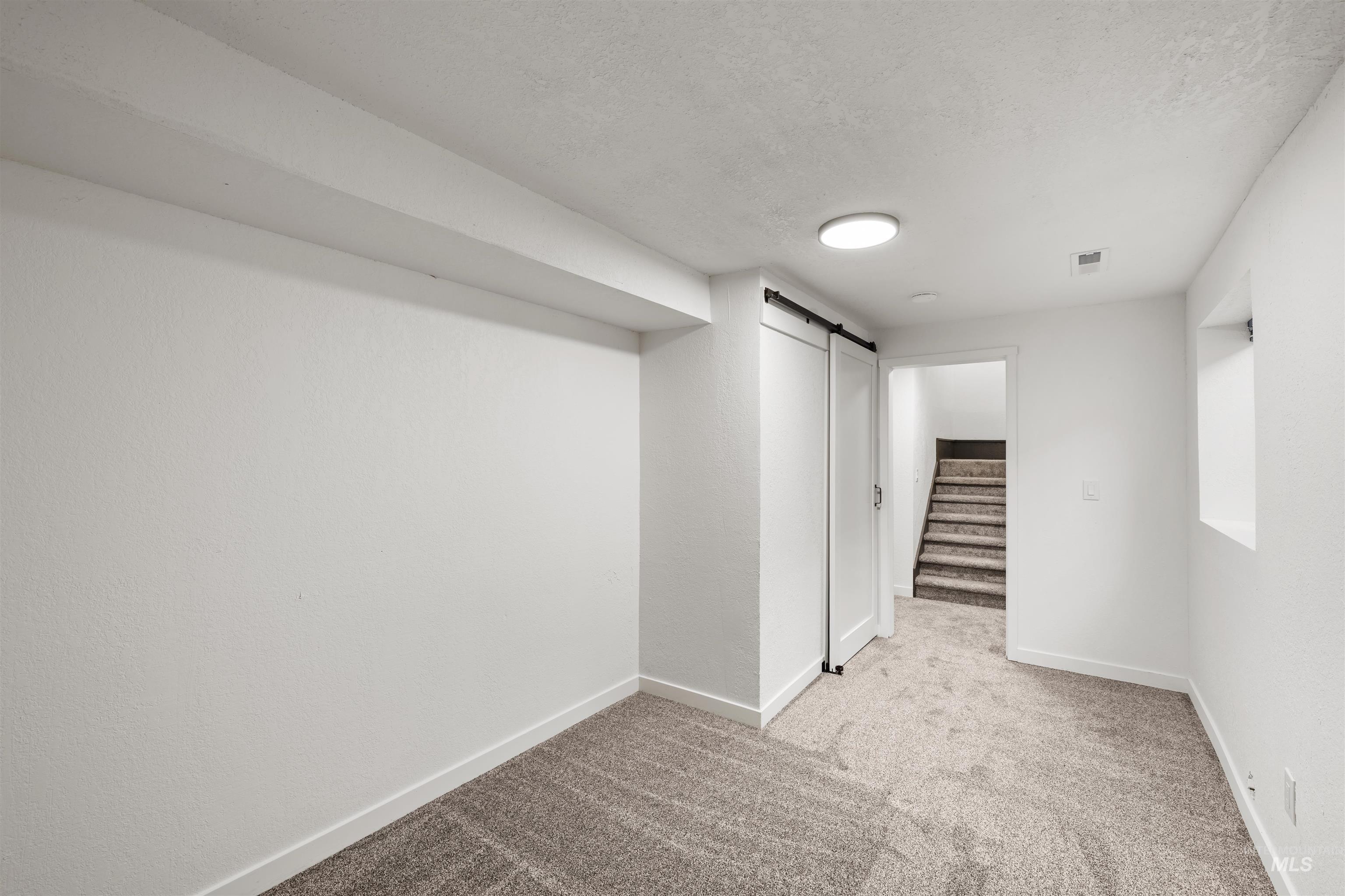 3154 South McCormick Way Boise, ID 83709 - Photo 21 of 50 Finished basement featuring light colored carpet, a barn door, and a textured ceiling