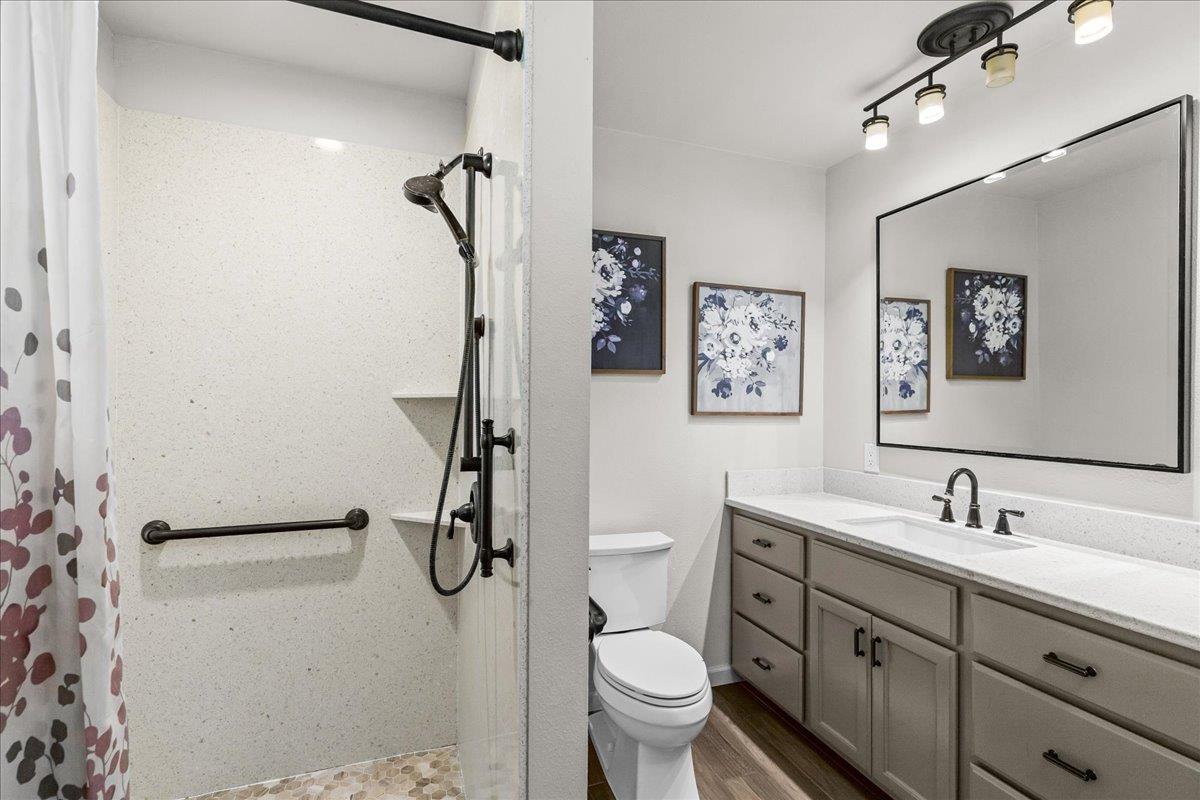 4701 Lone Tree Road Valley Home, CA 95361 - Photo 33 of 59 a bathroom with a granite countertop sink toilet and shower