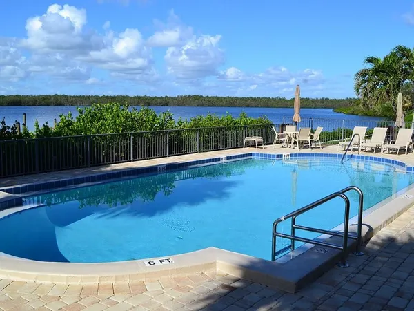 a view of a swimming pool with outdoor seating and plants
