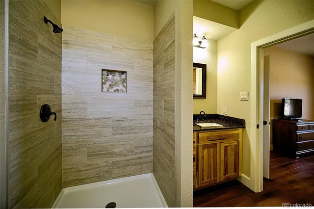 a bathroom with a sink a mirror and a shower