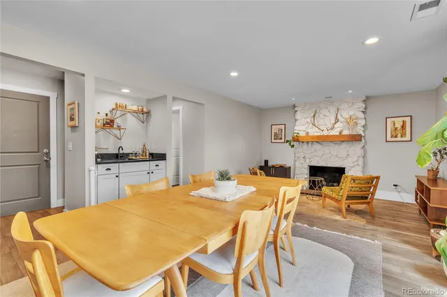 a view of a dining room with furniture