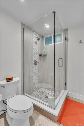 a bathroom with a shower and toilet