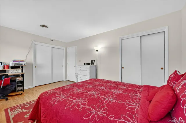 a spacious bedroom with a bed and a closet