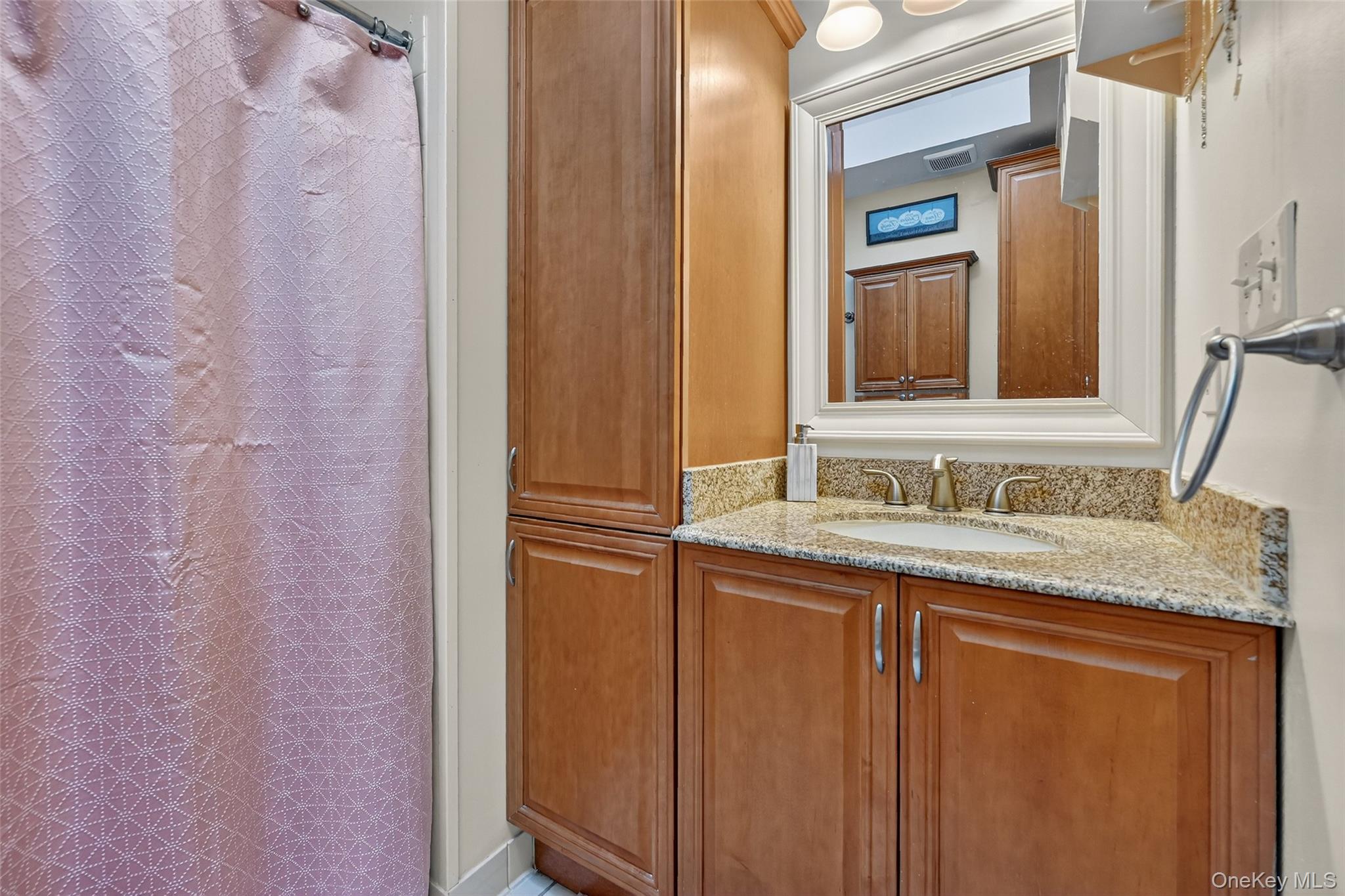 334 Greeves Road New Hampton, NY 10958 - Photo 20 of 45 a bathroom with a granite countertop sink and a mirror
