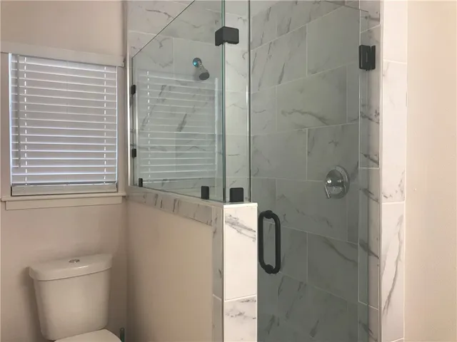 a bathroom with a shower and a toilet