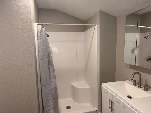 a bathroom with a shower and a sink