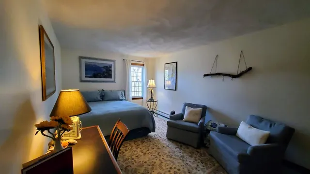 a bedroom with a bed couch and a window