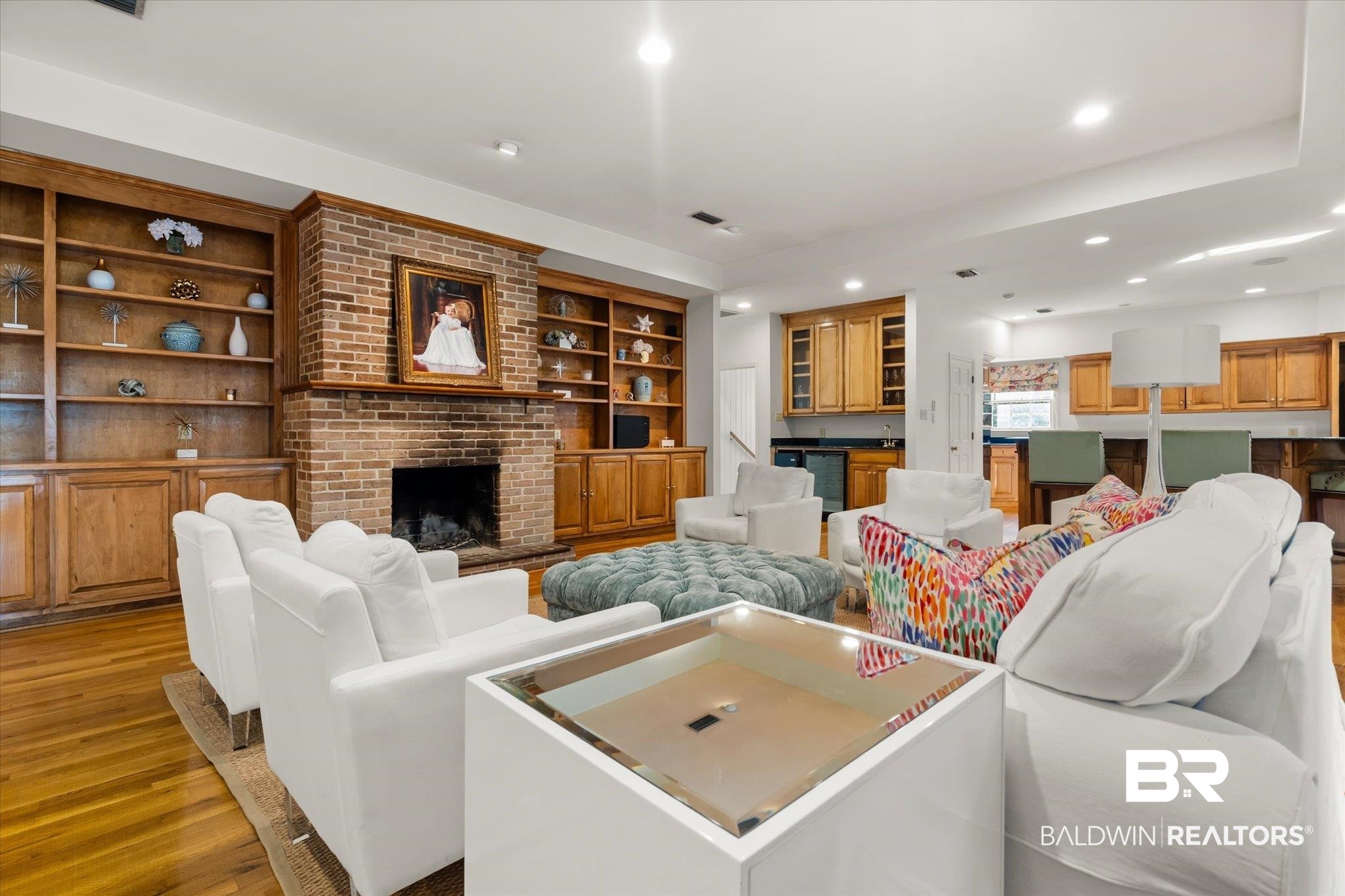 143 Myrtlewood Lane Mobile, AL 36608 - Photo 19 of 55 Living area with light wood finished floors, recessed lighting, a brick fireplace, and wine cooler