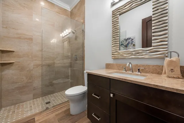 a bathroom with a granite countertop sink a toilet a mirror and shower