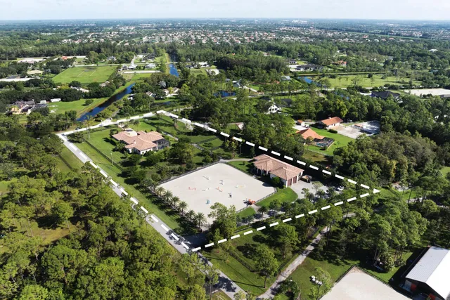 an aerial view of residential houses with outdoor space and trees