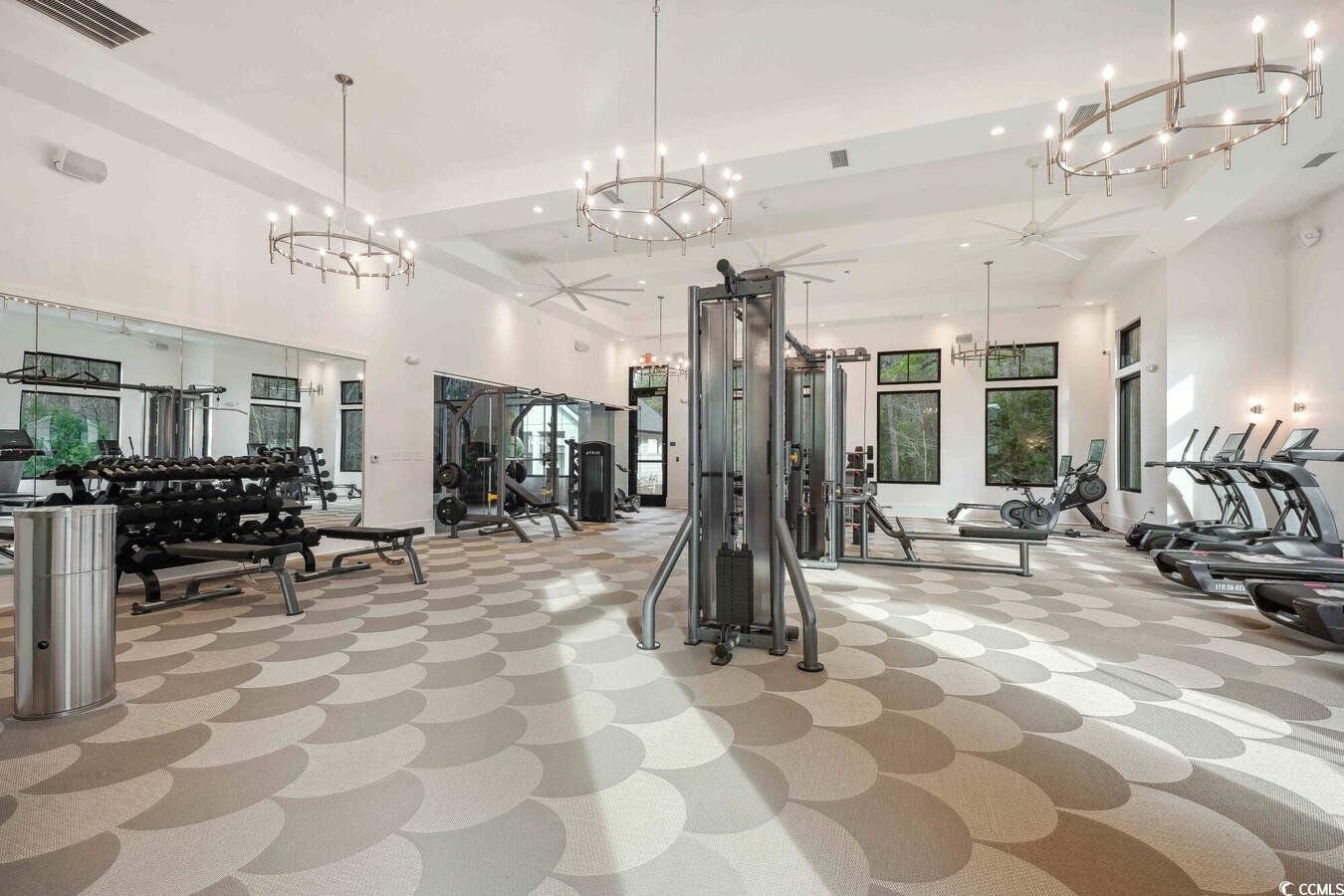 331 Pickwick Drive, Unit A2 Myrtle Beach, SC 29588 - Photo 30 of 39 Exercise room with ceiling fan and a towering ceiling