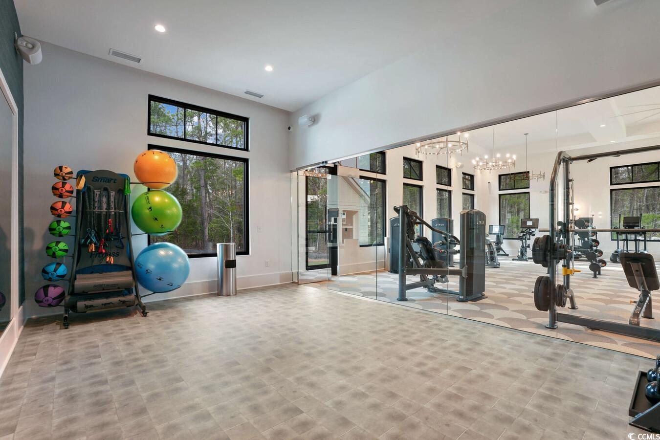 331 Pickwick Drive, Unit A2 Myrtle Beach, SC 29588 - Photo 31 of 39 Gym featuring a high ceiling and an inviting chandelier