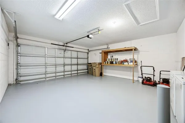 a view of a garage with storage