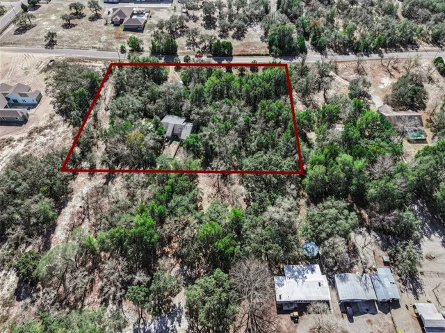 an aerial view of street and trees