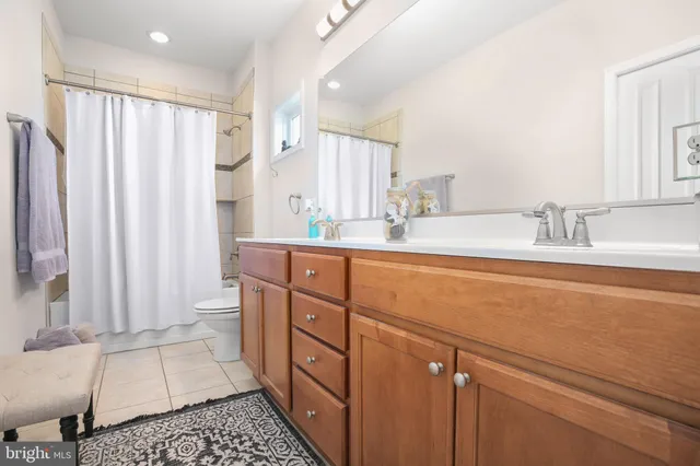a bathroom with a double vanity sink mirror and toilet