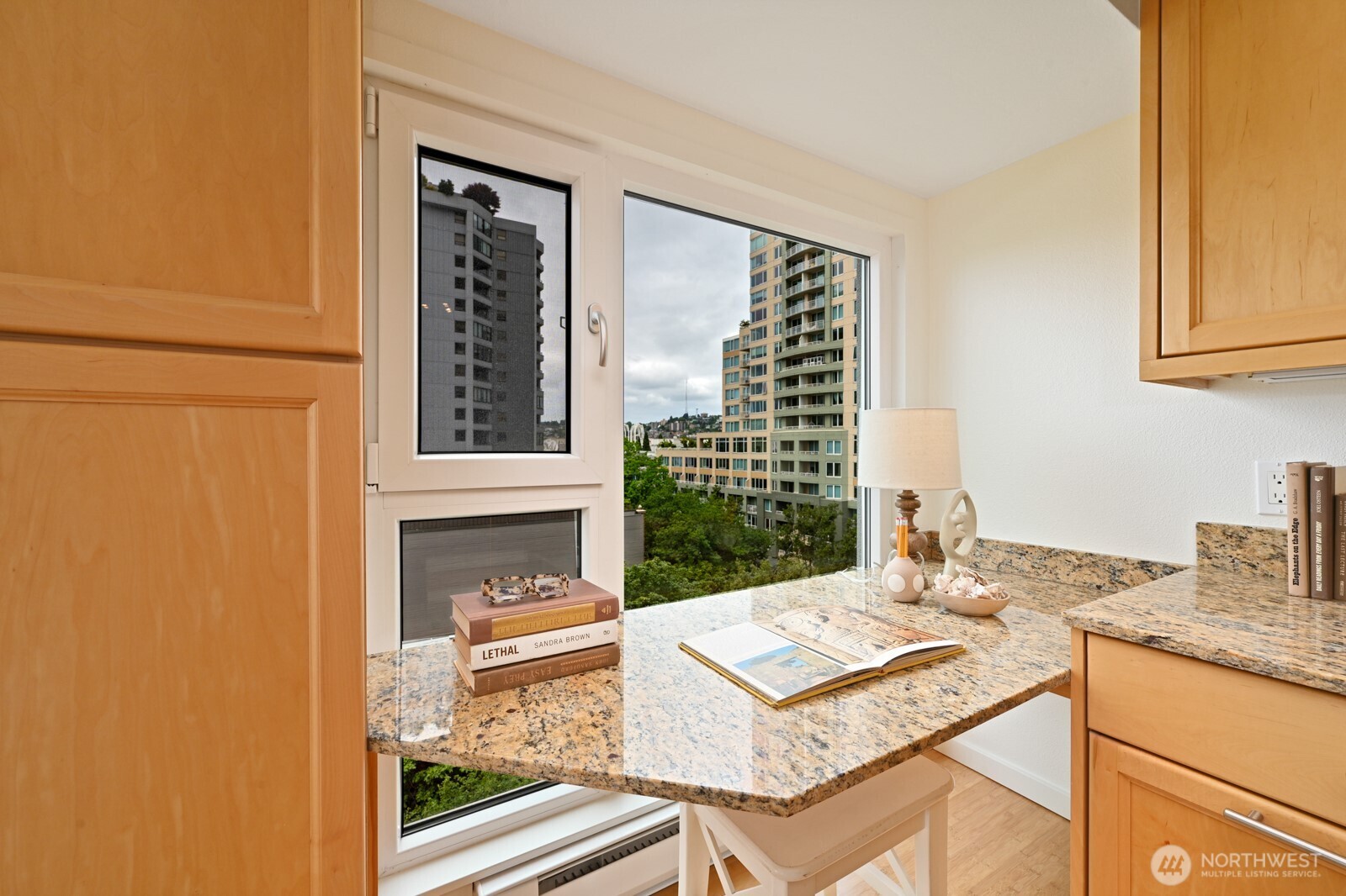 121 Vine Street, Unit 703 Seattle, WA 98121 - Photo 9 of 37 view of living room with granite countertop furniture and a fireplace