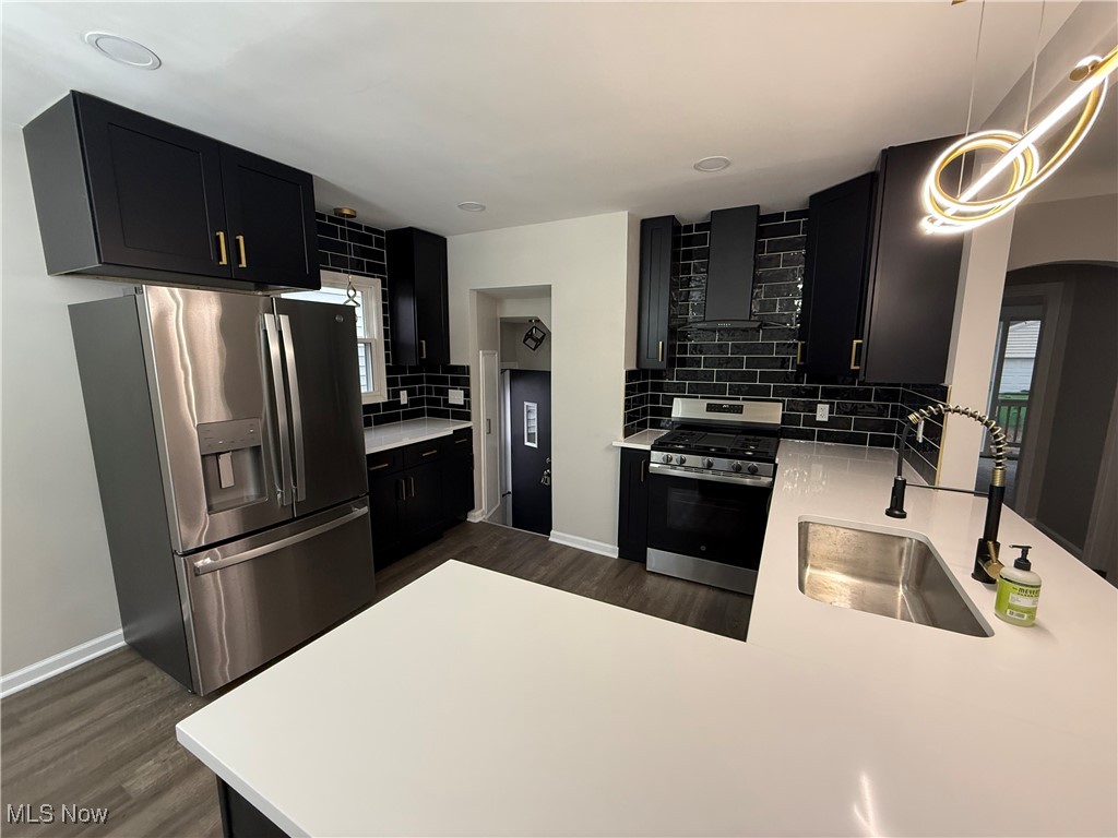 4658 Burleigh Road Cleveland, OH 44125 - Photo 5 of 24 Kitchen featuring dark cabinets, stainless steel appliances, a peninsula, and dark wood-style floors